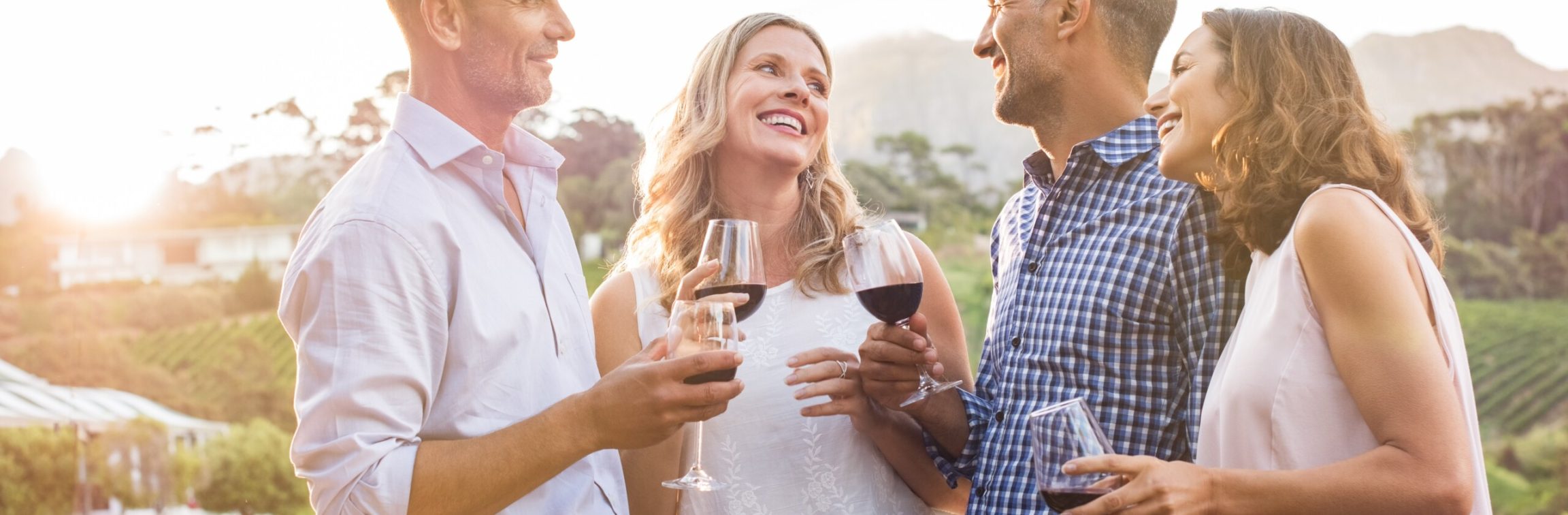 Two relaxed mature couples laughing and enjoy glasses of red wine at sunset. Group of happy friends celebrating outdoor and toasting with glassess. Happy man and smiling women having fun at vineyard.